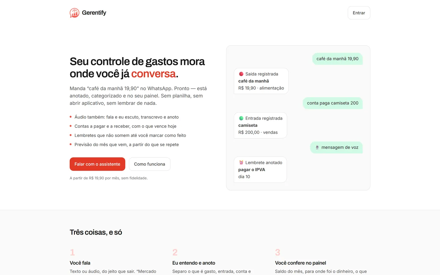 Página do Gerentify: seu controle de gastos mora onde você já conversa