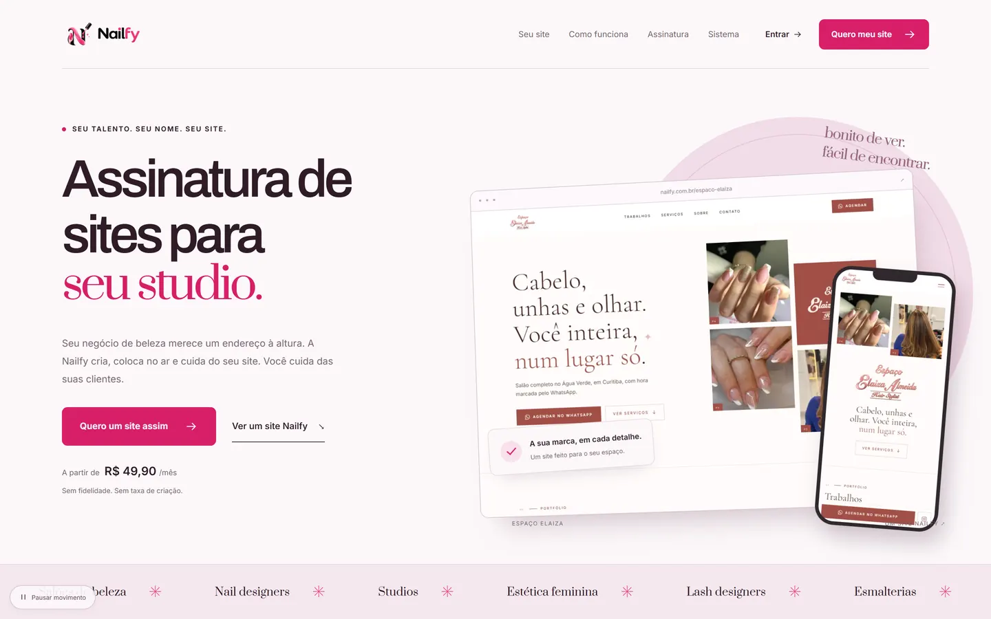 Página da Nailfy: assinatura de sites para seu studio