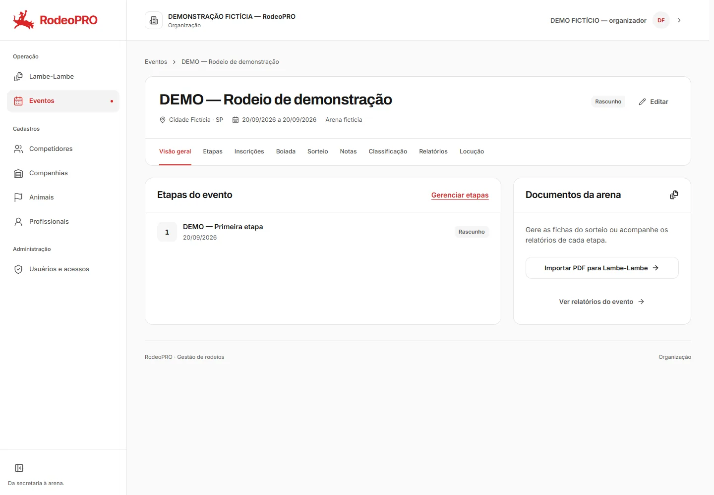 Tela de um evento no RodeoPRO, com etapas, abas de inscrições, sorteio e notas, e o atalho para importar o PDF do sorteio