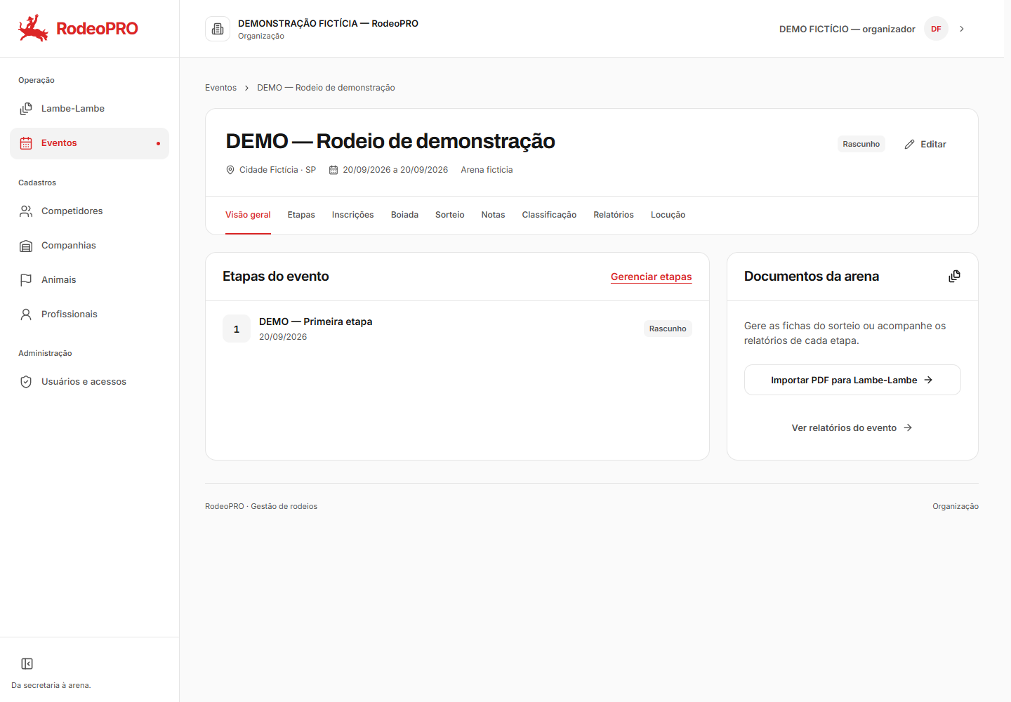 Tela de operação do RodeoPRO com evento e etapa fictícios